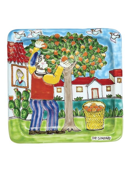 Piatto Quadrato Raccolta delle Arance ceramiche de simone 20x20 DS 31