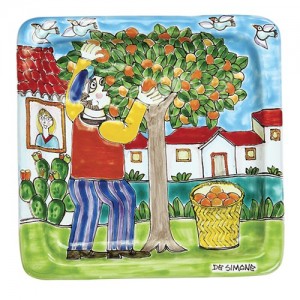 Piatto Quadrato Raccolta delle Arance ceramiche de simone 20x20 DS 31