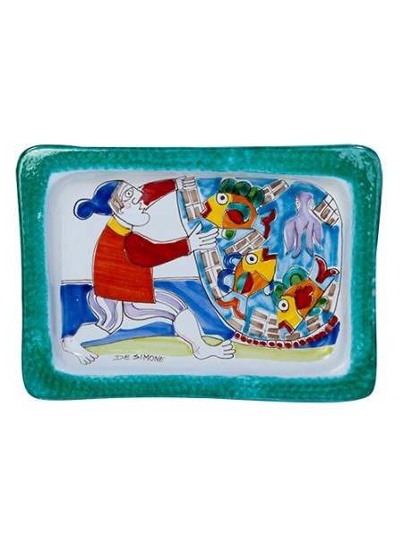 Rectangular tray Folk Fisherman 22x30 cm De Simone Handmade sicilian pottery
