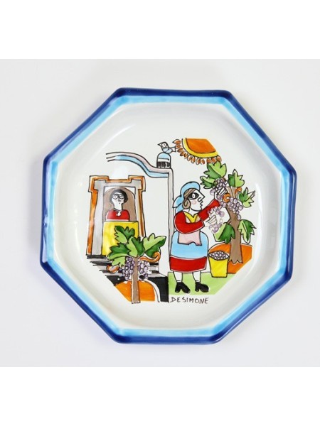 Piatto Ottagonale Folk POTFK-1 Raccolta dell'uva ceramiche de simone