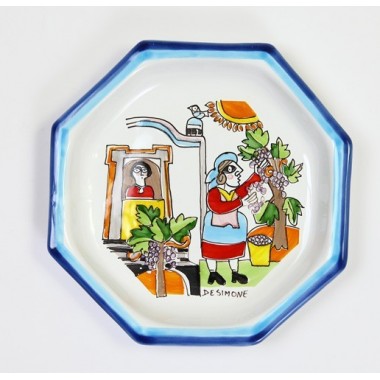 Octagonal Plate Folk POTFK-1 Grape harvesting de simone pottery