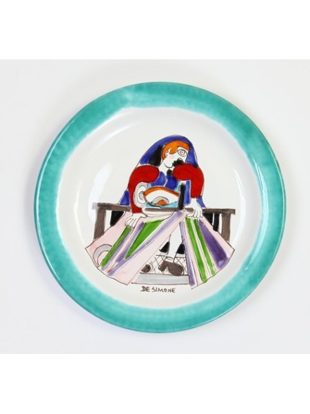 Sicilian handmade ceramic Round Plate de simone pottery Seamstress Folk PTFK-13