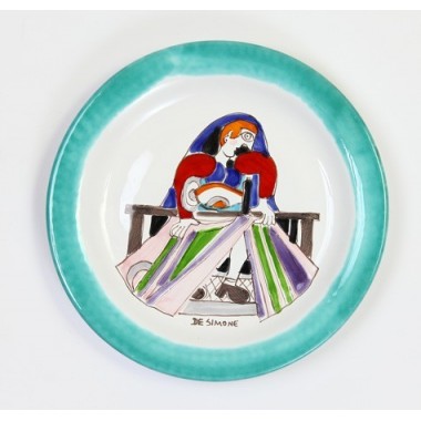 Sicilian handmade ceramic Round Plate de simone pottery Seamstress Folk PTFK-13