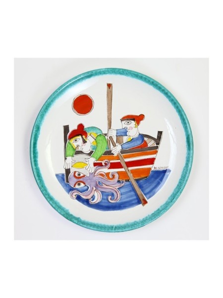 Piatto Tondo ceramica siciliana artigianale pescatori polpo Folk PT30FK-03
