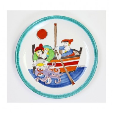 Handmade sicilian ceramic Round Plate Folk Fishermen octopus PT30FK-03