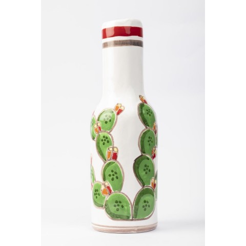 Bottiglia argilla bianca decorata a mano Fichi d'India Folk BT717AFK ceramiche siciliane de simone
