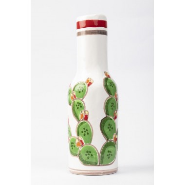 Bottiglia argilla bianca decorata a mano Fichi d'India Folk BT717AFK ceramiche siciliane de simone
