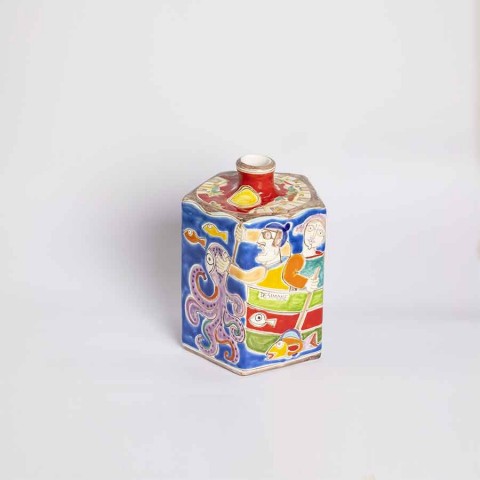 Sicilian ceramic Decorative Bottle DS Fishermen de simone pottery BT623
