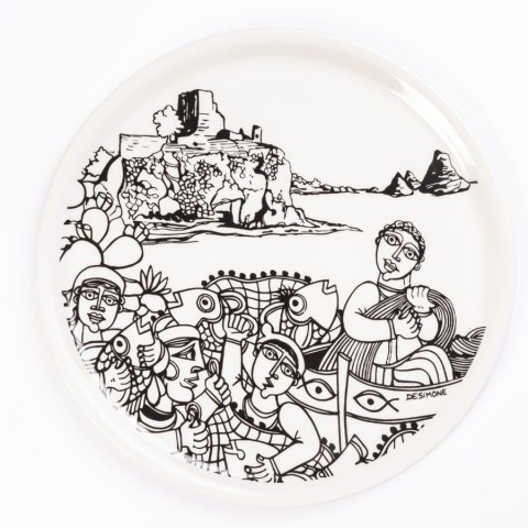 porcelain rounded plate de simone pottery white black aci castello