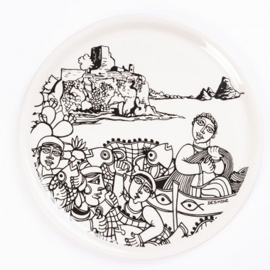 porcelain rounded plate de simone pottery white black aci castello