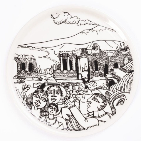 Piatto Pizza Tondo Bianco e Nero Taormina ceramiche de simone