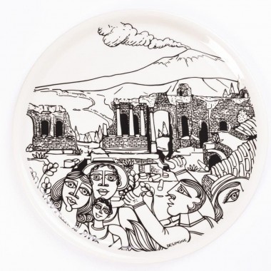 porcelain rounded plate de simone pottery white black Taormina