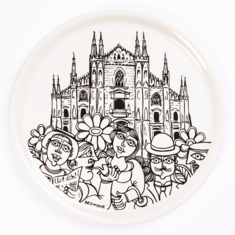 porcelain rounded plate de simone pottery white black Milano