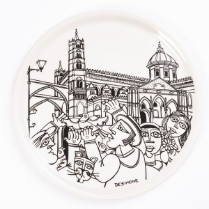 porcelain rounded plate de simone pottery white black Palermo