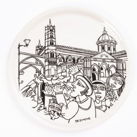 Piatto Pizza Tondo Bianco e Nero Palermo ceramiche de simone