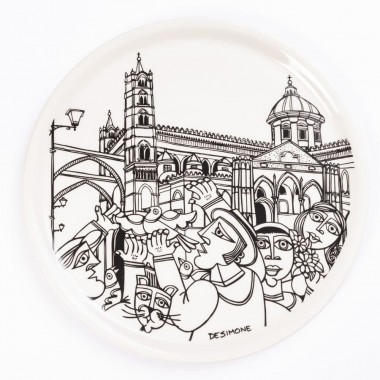 porcelain rounded plate de simone pottery white black Palermo