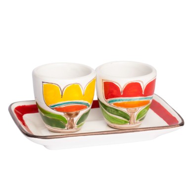 Handmade Sicilian Coffee Cups with Tray Set Tulips Folk De Simone Pottery