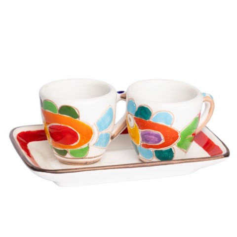 Sicilian Handmade Coffee Cups with Tray Set Fish Folk Ceramiche De Simone