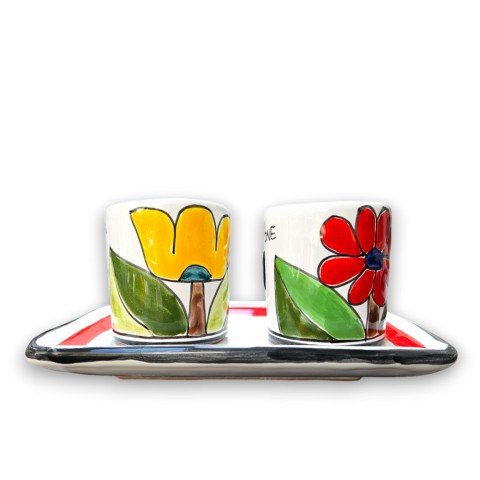 Set Tazzine da caffè artigianali con Vassoio Tulipani giallo rosso ceramiche de simone