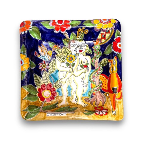 Handmade sicilian ceramic squared Plate DS Adam and Eve de simone pottery