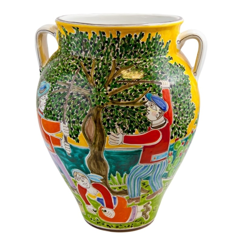 Vaso artigianale ceramiche siciliane DS La Raccolta delle Olive VS673GR