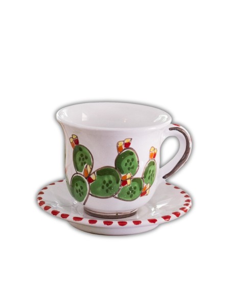 Tea cup with saucer Folk Prickly Pear cactus de simone sicilian handmade pottery