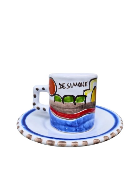 cylindrical Coffee Cup with Saucer Dammusi De Simone Sicilian handmade pottery