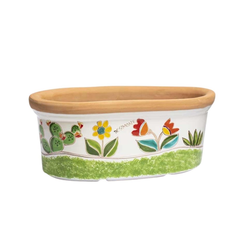 Handmade sicilian ceramic Planter Folk VSPO819FK-FC De Simone Pottery Prickly Pear Flowers