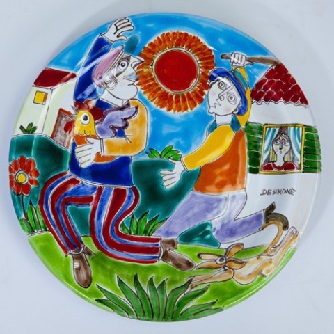 Handmade sicilian ceramic Circular Plate DS 25 cm PT25DS-07 thief escape de simone pottery