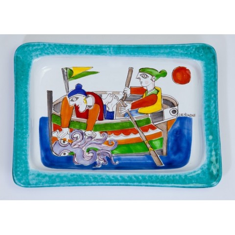 Rectangular tray Folk Fishermen 22x30 cm De Simone Handmade sicilian pottery