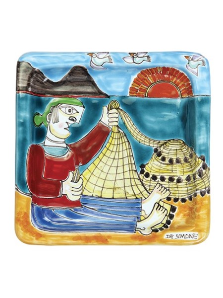 Piatto Quadrato Pescatore Ceramiche de Simone 20x20 DS 19