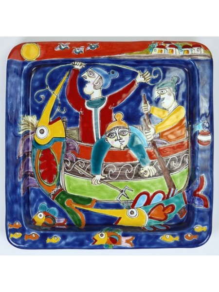 Piatto quadrato ceramica siciliana artigianale DS 28x28 Pescatori PQ28DS-4