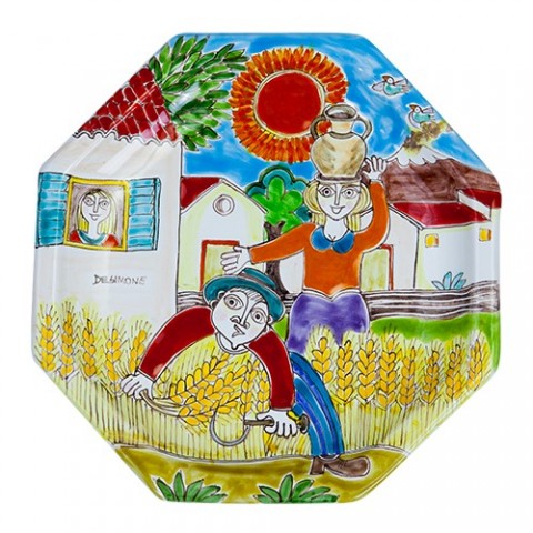 Octagonal Plate Folk DS POT25DS-04 de simone pottery grain harvesting