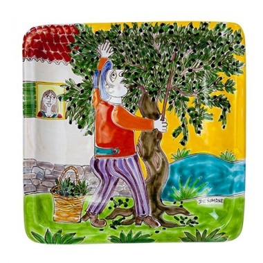 Squared Plate Olives Harvesting De Simone Pottery 20x20 DS 02