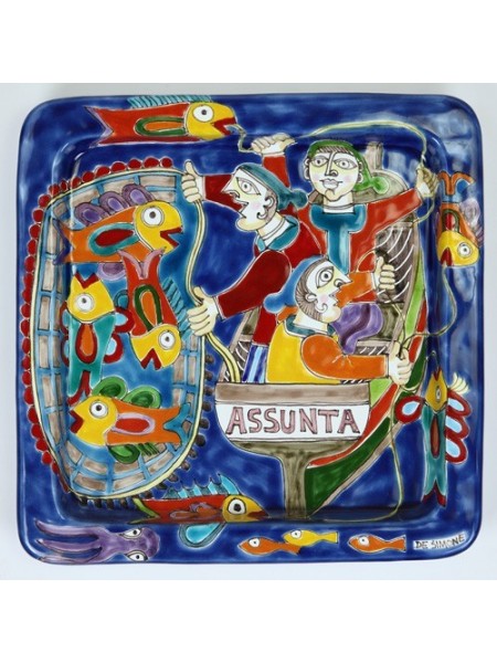 handmade sicilian Squared plate DS 28x28 Fishermen PQ28DS-5