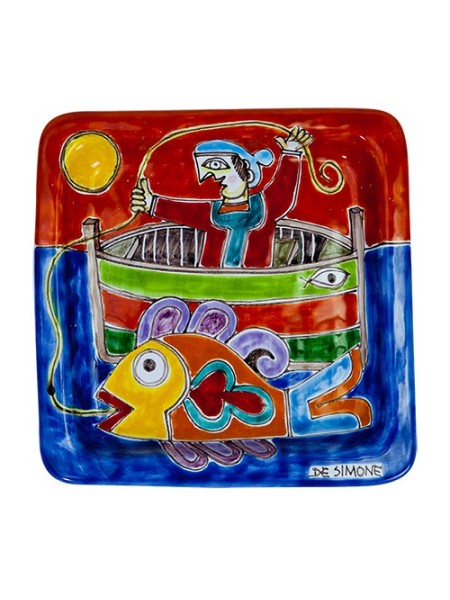 Squared Plate Fisherman De Simone pottery 20x20 DS 10