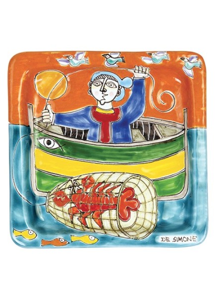 Squared Plate Fisherman De Simone Pottery 20x20 DS 21